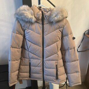 Dkny Tan Puffer Jacket with Faux Fur Hood and Chevron Quilting